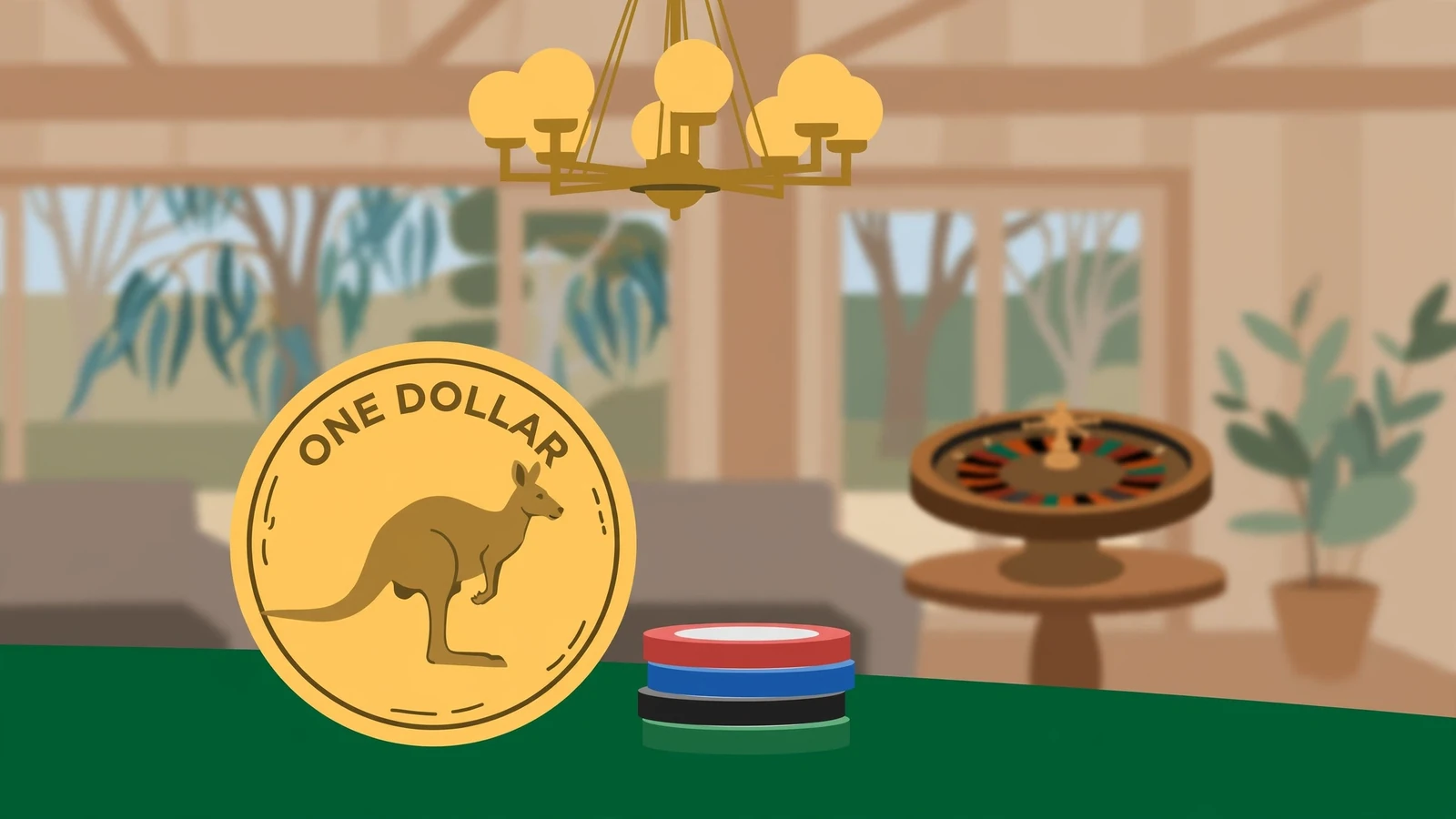 Single Australian one-dollar coin on a green felt casino table with chips nearby