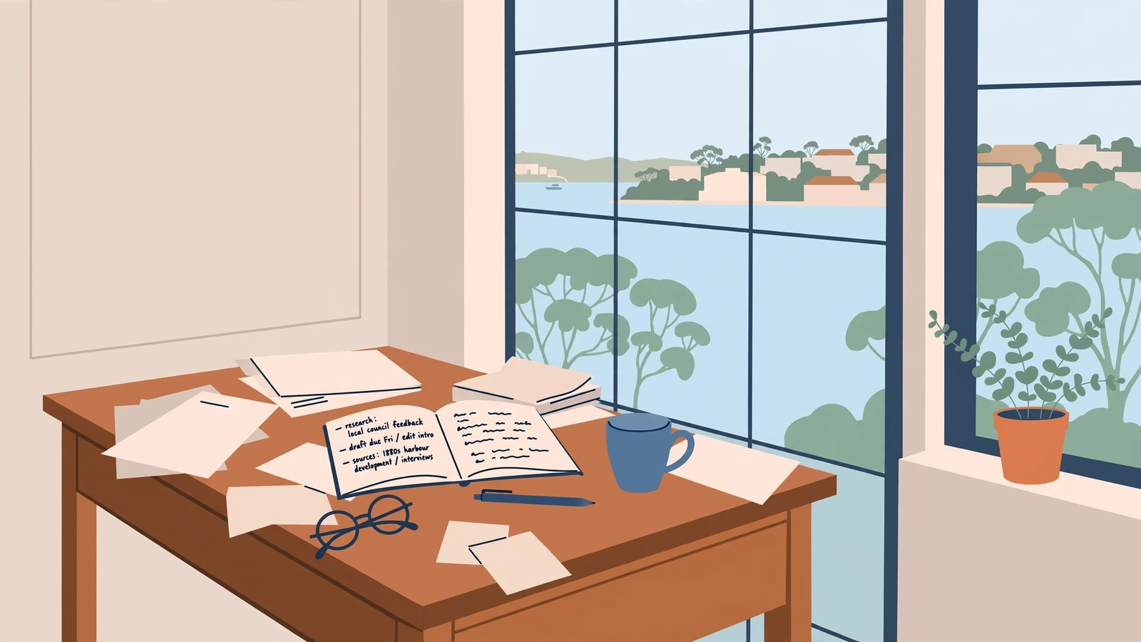 Editor desk by Sydney harbour window, notes and eucalyptus plant