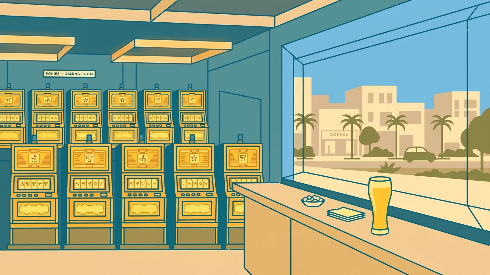 Australian pub interior with slot machines and a view of a sunny street