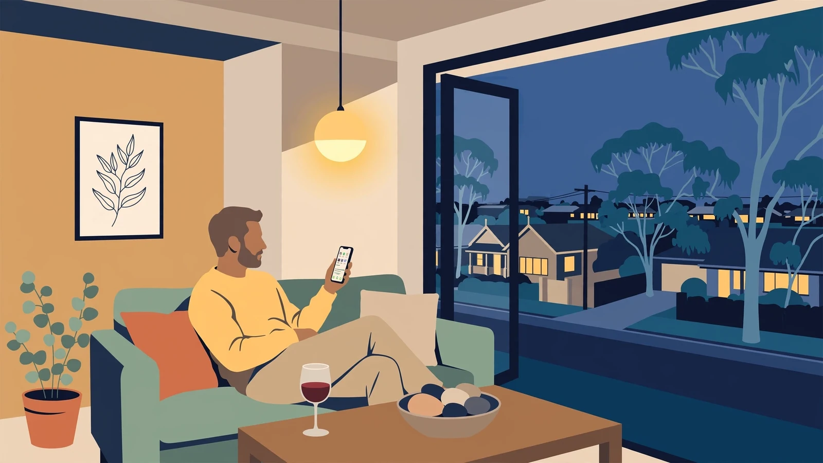 Person relaxing with smartphone in a modern Australian home at dusk