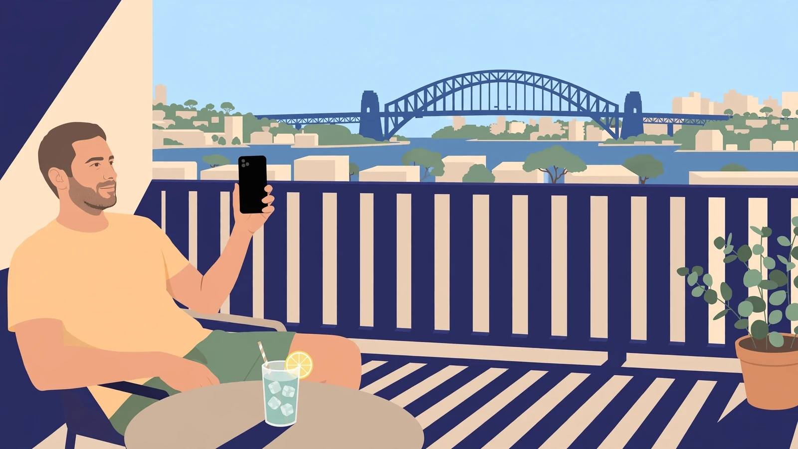 Australian man holding a smartphone on a sunlit Sydney balcony.