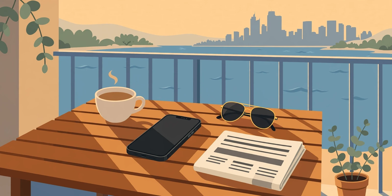 iPhone on a balcony table with Australian coastal view and coffee.