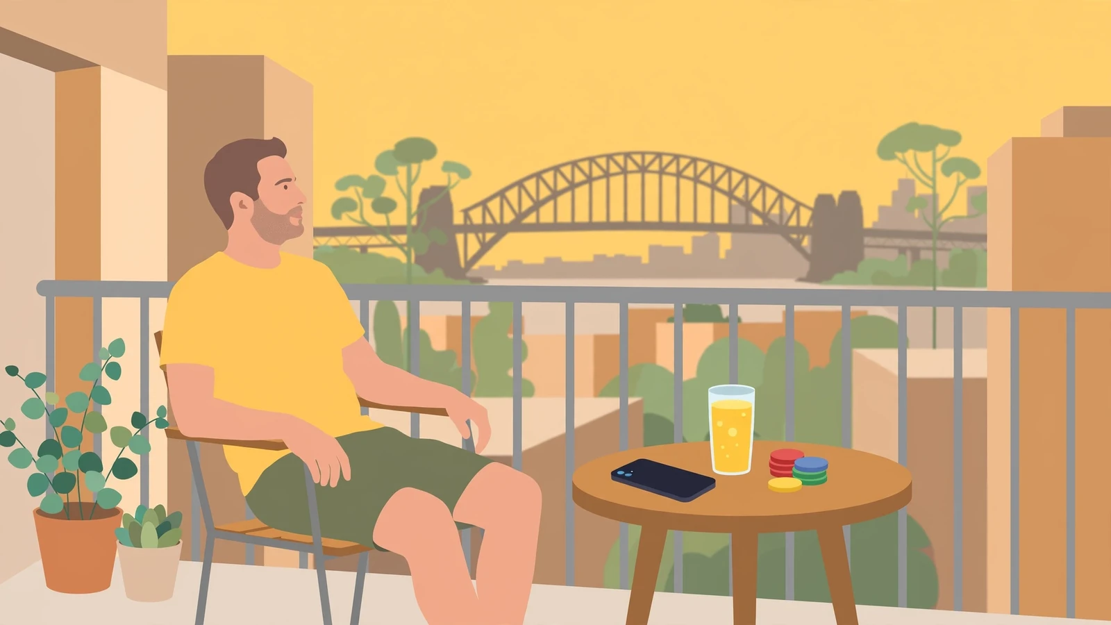 Australian man on a balcony with smartphone, poker chips, and Sydney Harbour Bridge at dusk
