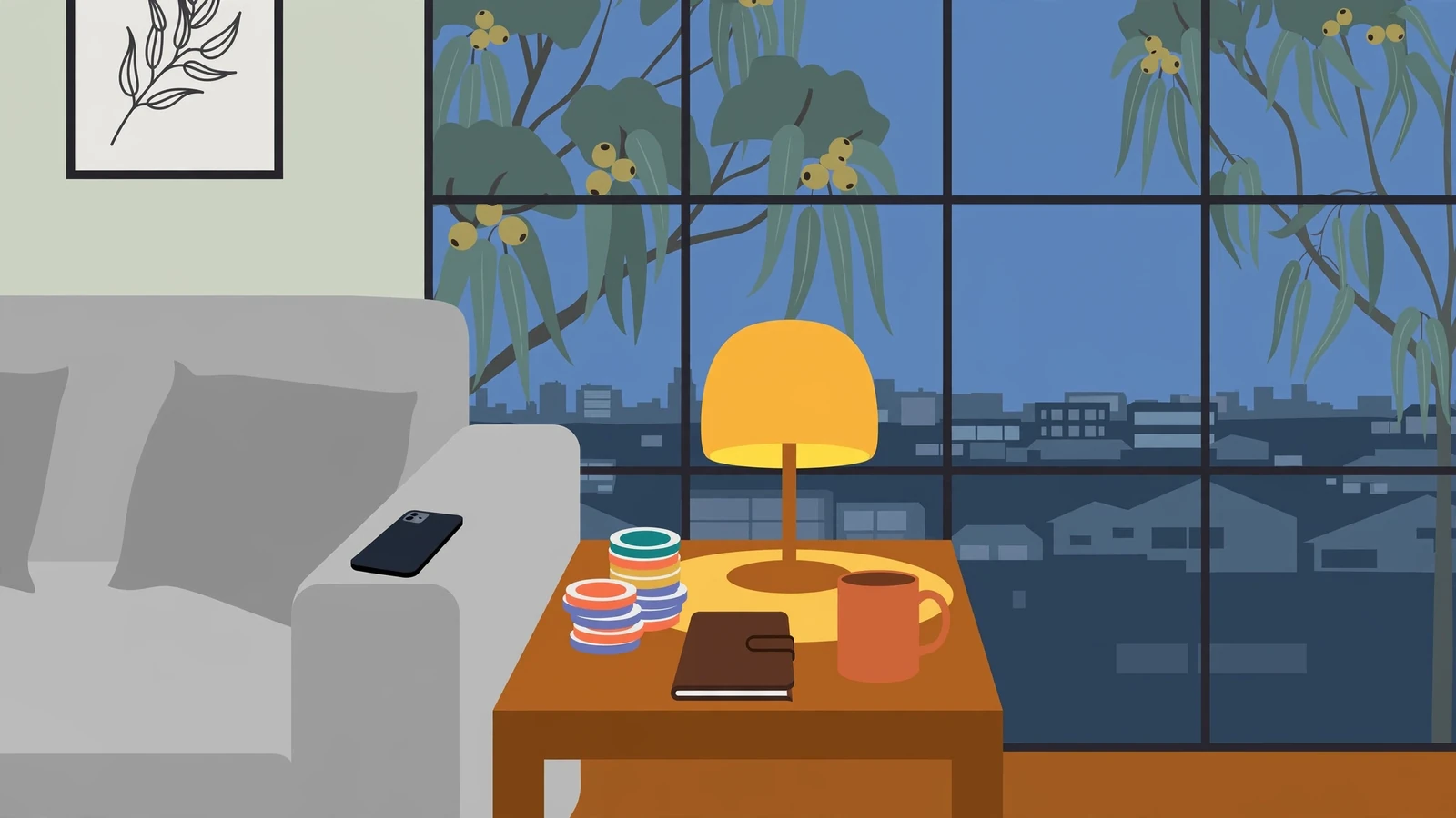 Casino chips, notebook and hidden phone on a side table in an Australian home at dusk.