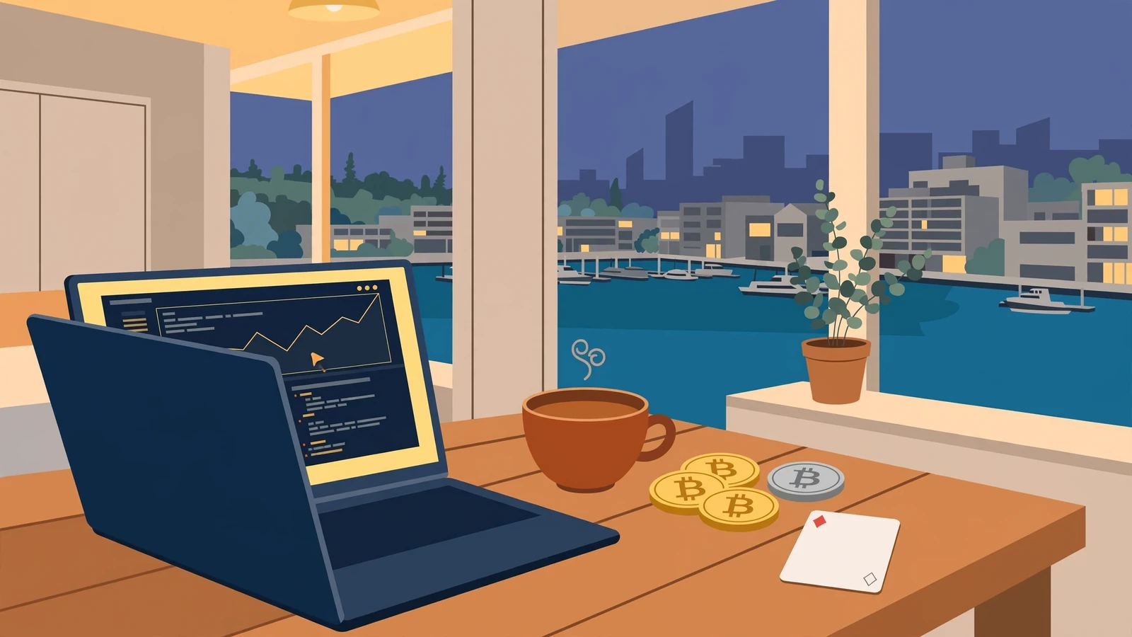 Laptop on a table with crypto coins and a playing card, Australian city view at dusk