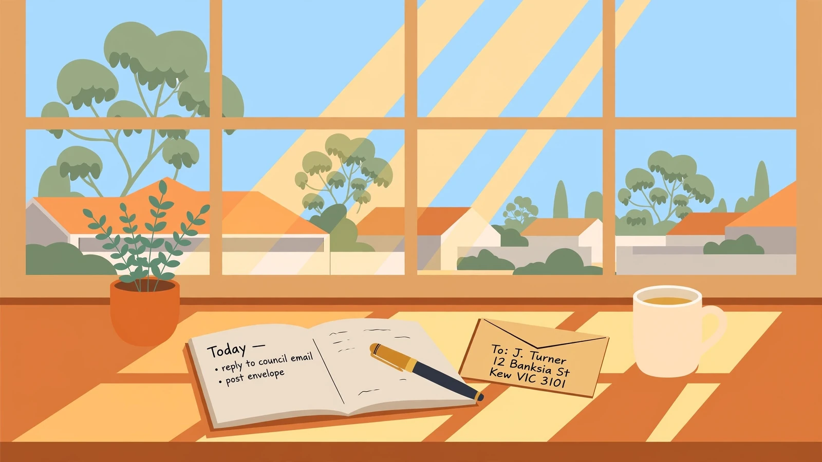 Wooden desk with notebook, pen, envelope, coffee mug and eucalyptus plant in morning sunlight.