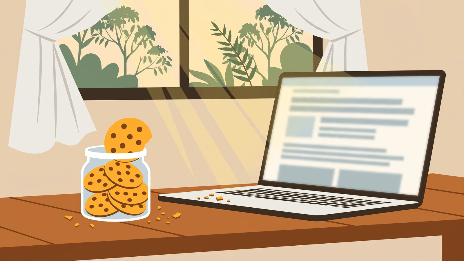 Glass jar of chocolate chip cookies next to an open laptop on a wooden bench.