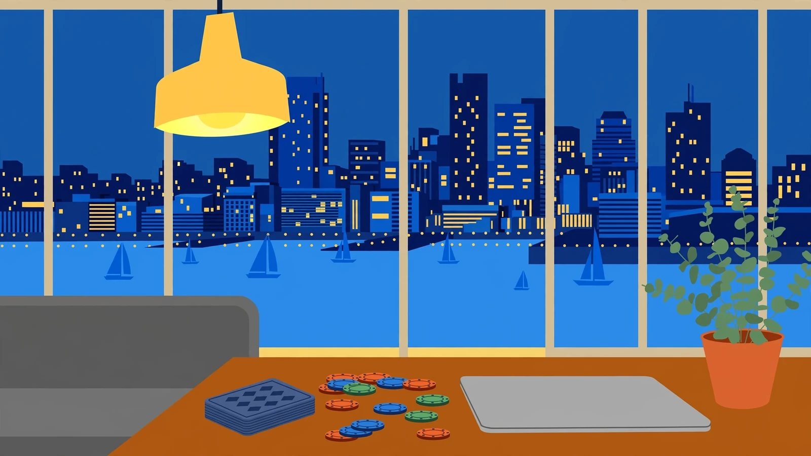 Australian apartment with city skyline and poker chips on a table at dusk