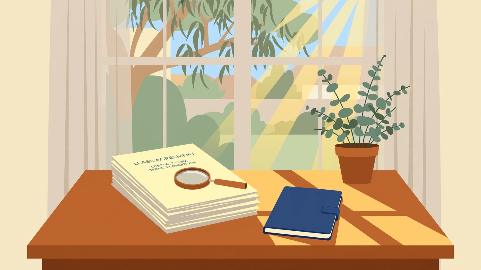 Legal documents on a wooden desk with a magnifying glass and eucalyptus plant.