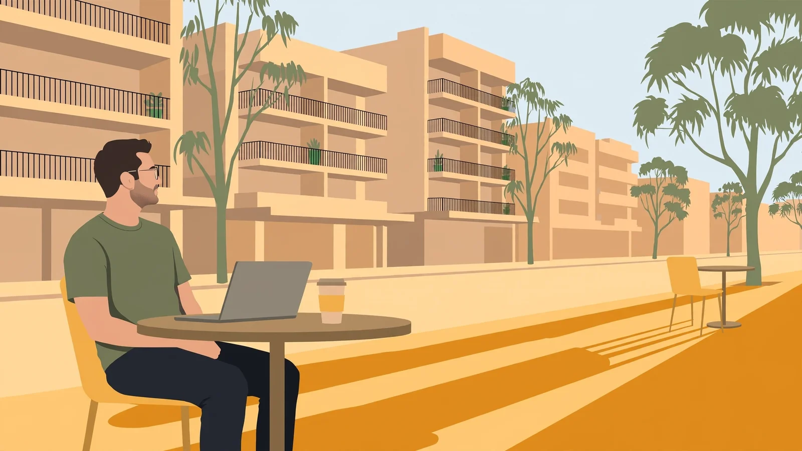 Person at an outdoor Australian café with a closed laptop, eucalyptus trees and city buildings behind.