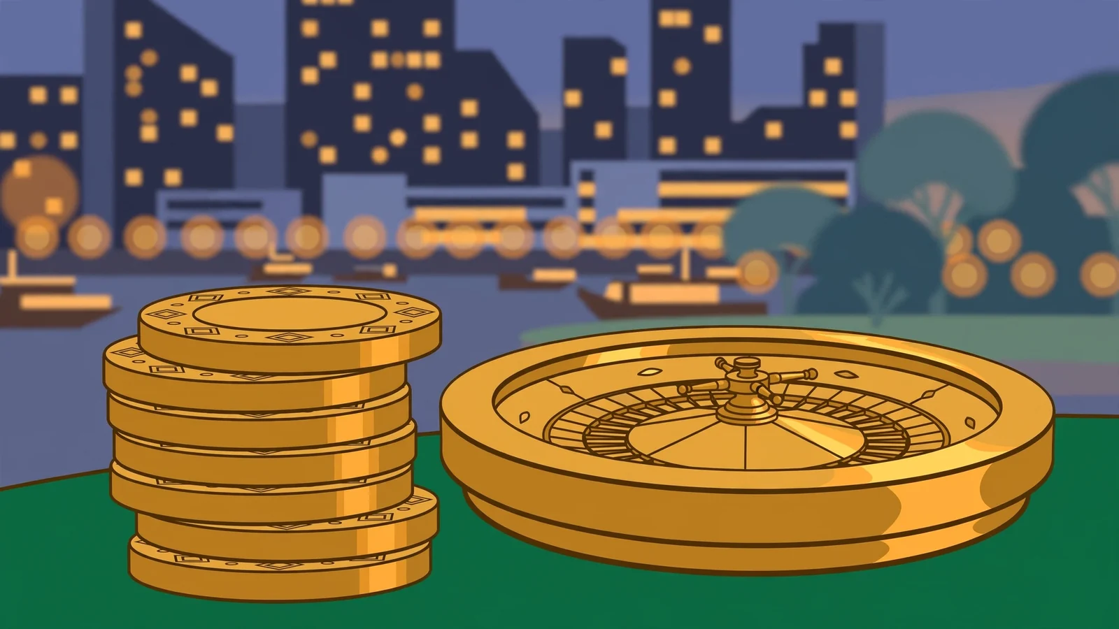 Golden casino chips and roulette wheel with Australian city skyline at dusk