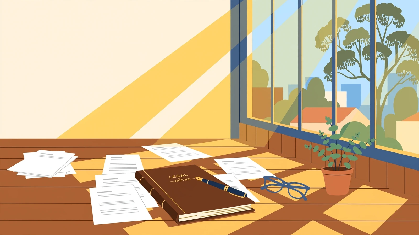 Legal notebook, pen and reading glasses on a sunlit wooden desk with eucalyptus plant