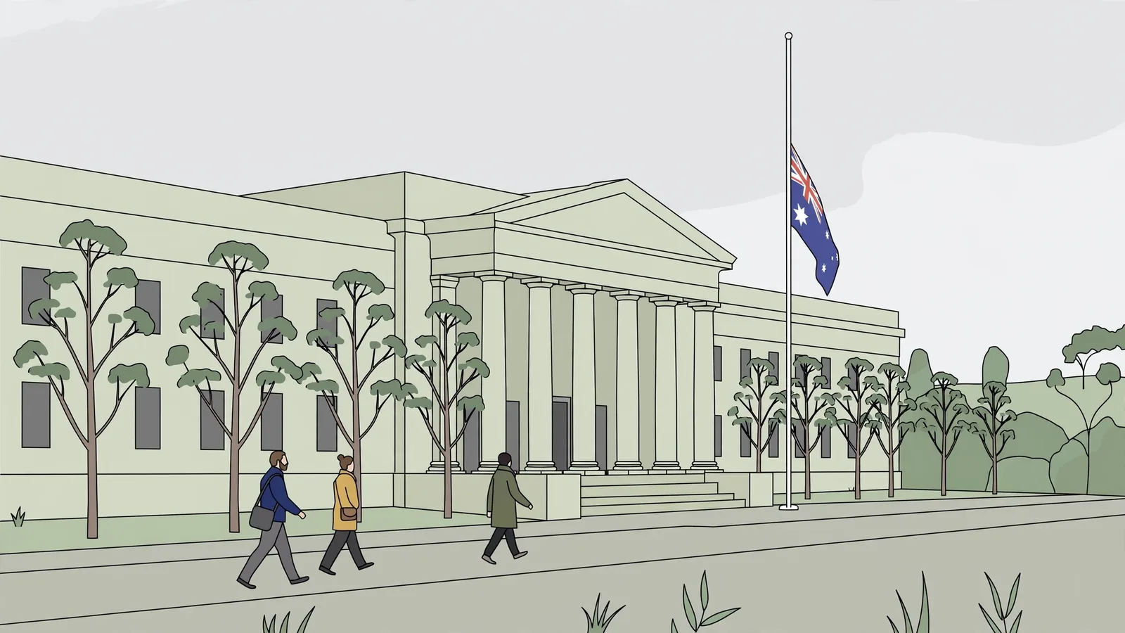 Australian government building with eucalyptus trees and flag.