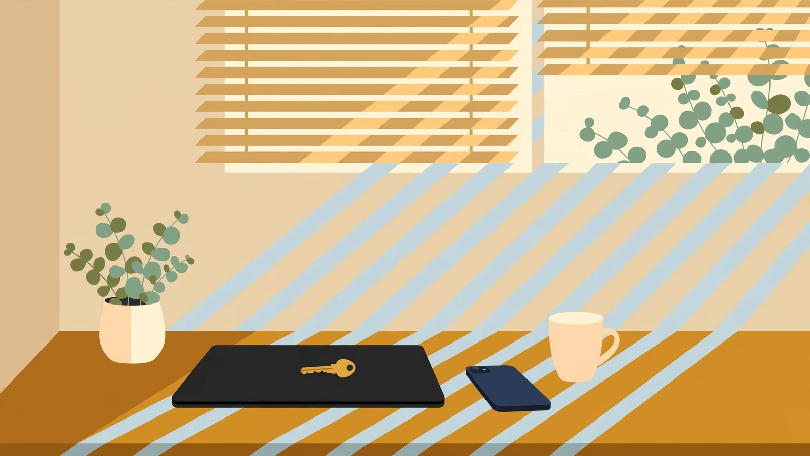Closed laptop with a key on a sunlit desk beside a smartphone and eucalyptus plant.