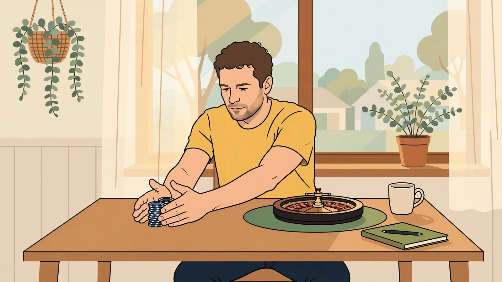 Person deliberately pushing aside a stack of chips at a sunlit Australian home table.
