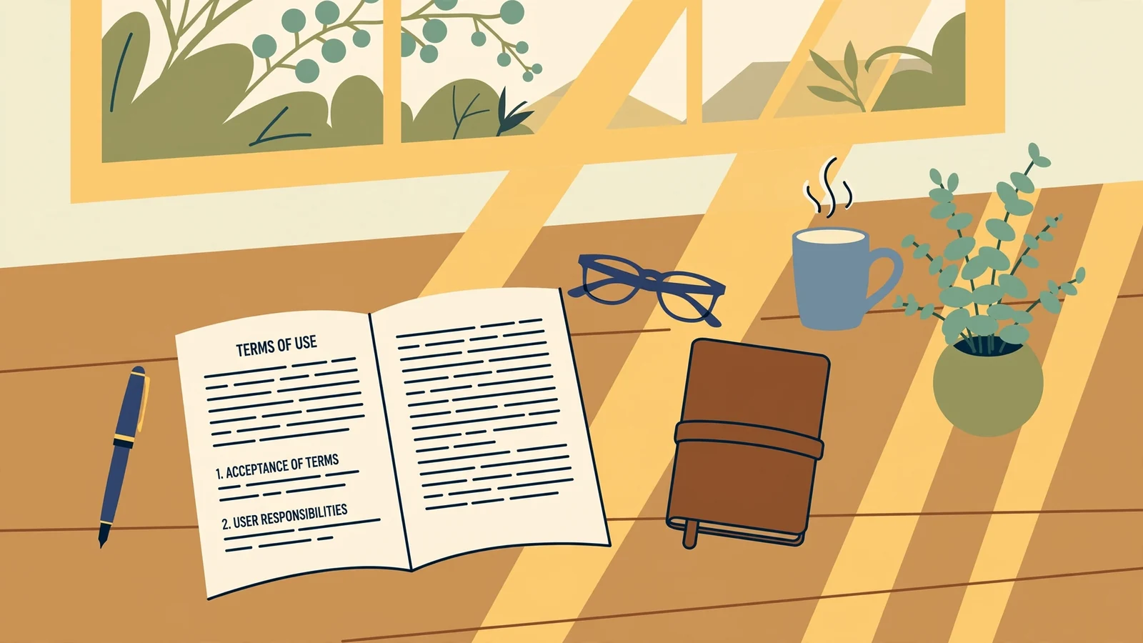 Terms of Use document on an Australian home office desk with eucalyptus plant and coffee.